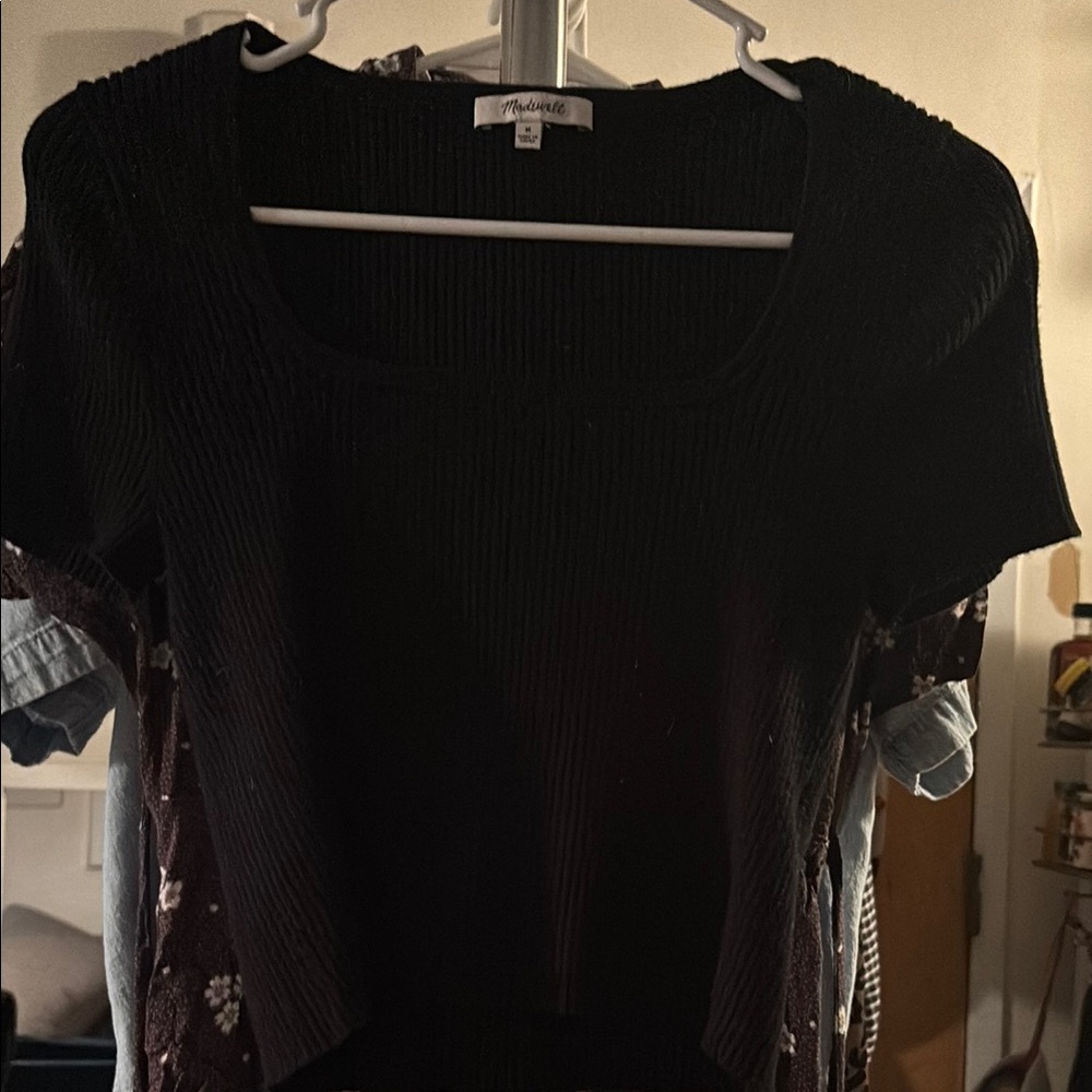 Madewell Black Rib Square Neck Crop Top Short Sleeve